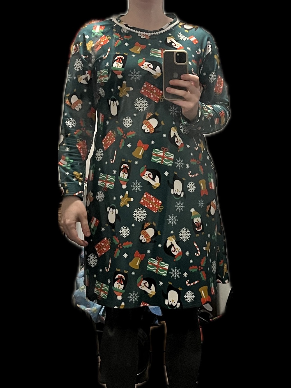 Christmas Penguin Print Green Long-Sleeve Women’s Dress